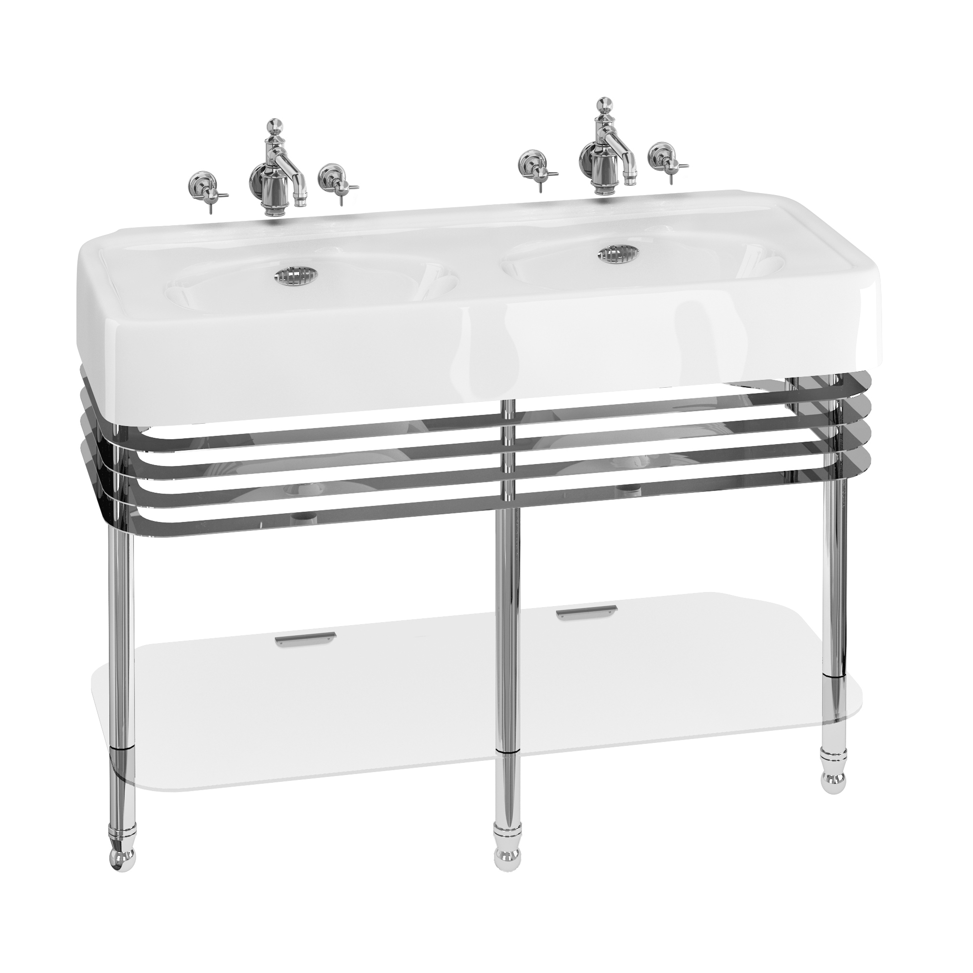 Arcade 1200mm basin with chrome overflow & basin stand with double basin & overflows